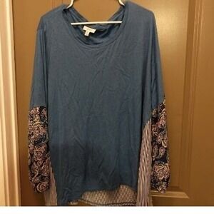 Style‎ Co. Tunic Top Paisley Sleeve Striped Bottom Long Sleeve Blue Size 3XL